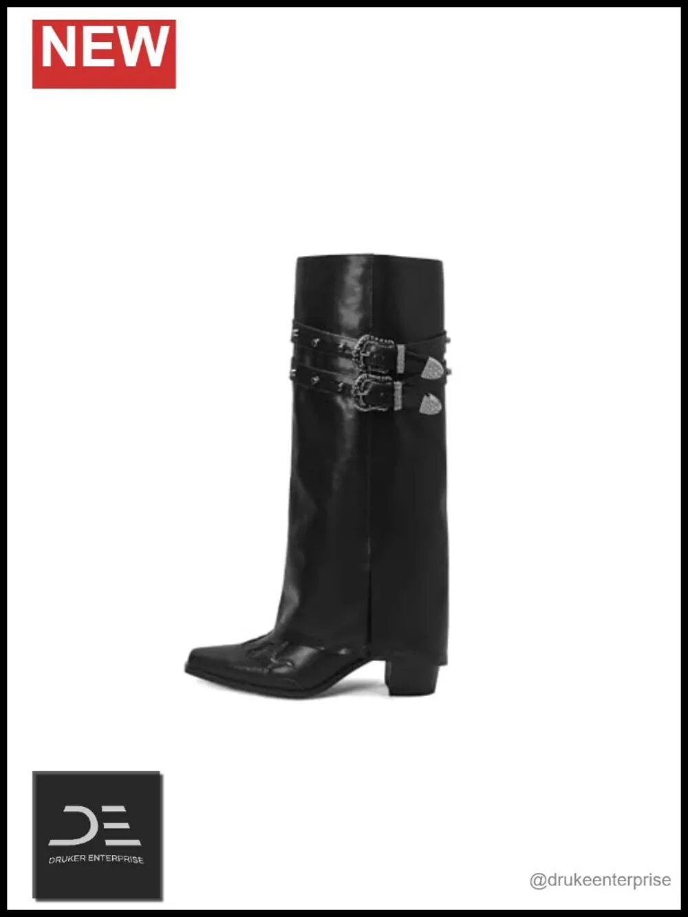 Fold Over Knee High Boots Chunky Block Heel Pull On Wide Calf Embroidered